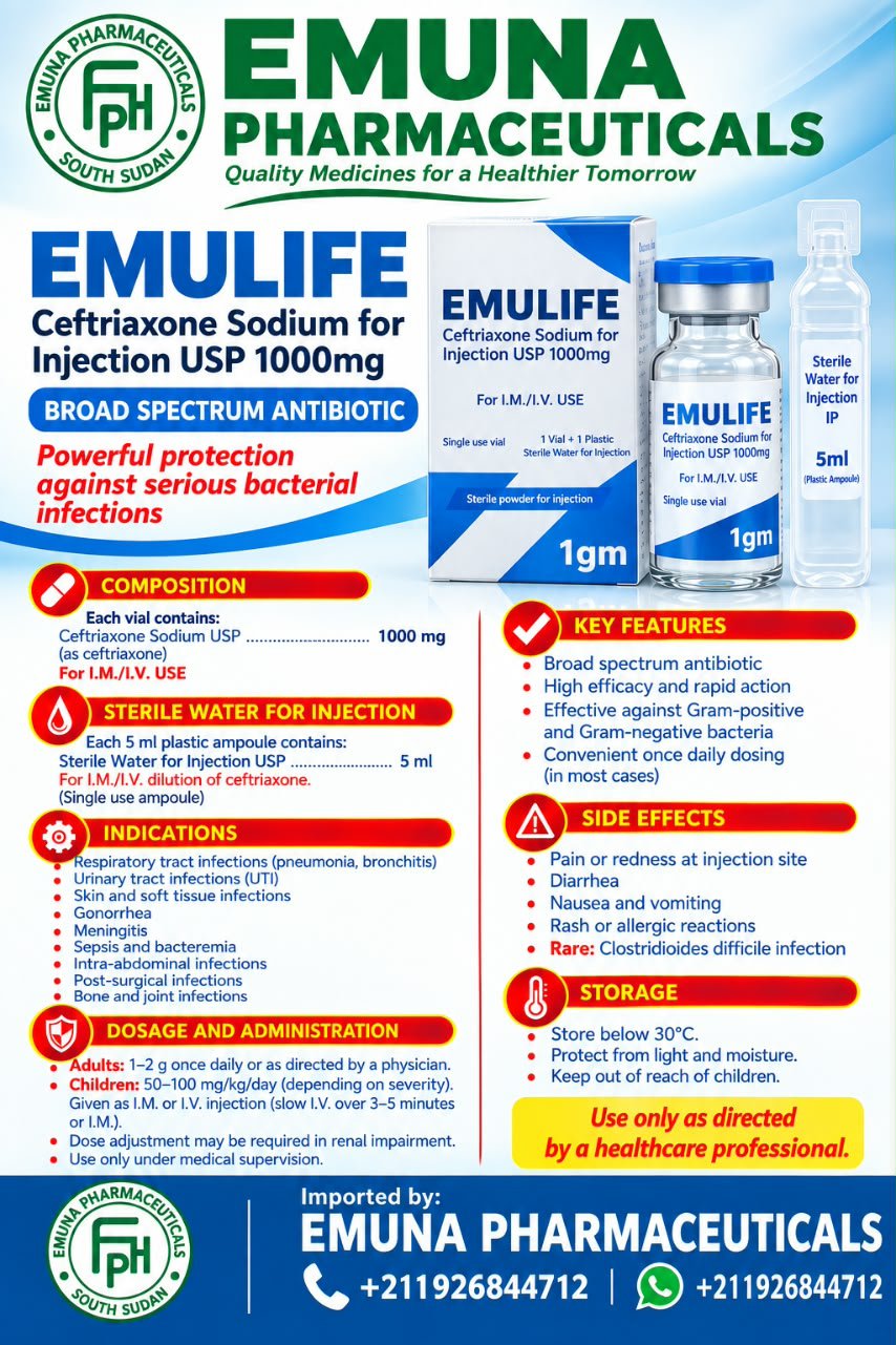 EMULIFE Ceftriaxone Sodium for Injection USP 1000mg by Emuna Pharmaceuticals